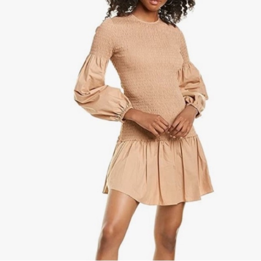 A.L.C. Kora Smock Dress Mini Ruffle Skirt Smocked Upper Puff Long Sleeve Beige